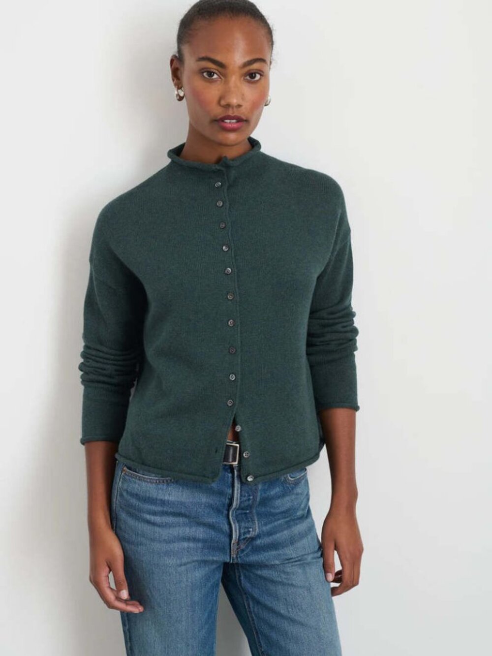 ALEX MILL Women size L Moss Taylor Cotton Cashmere Roll Neck Cardigan
